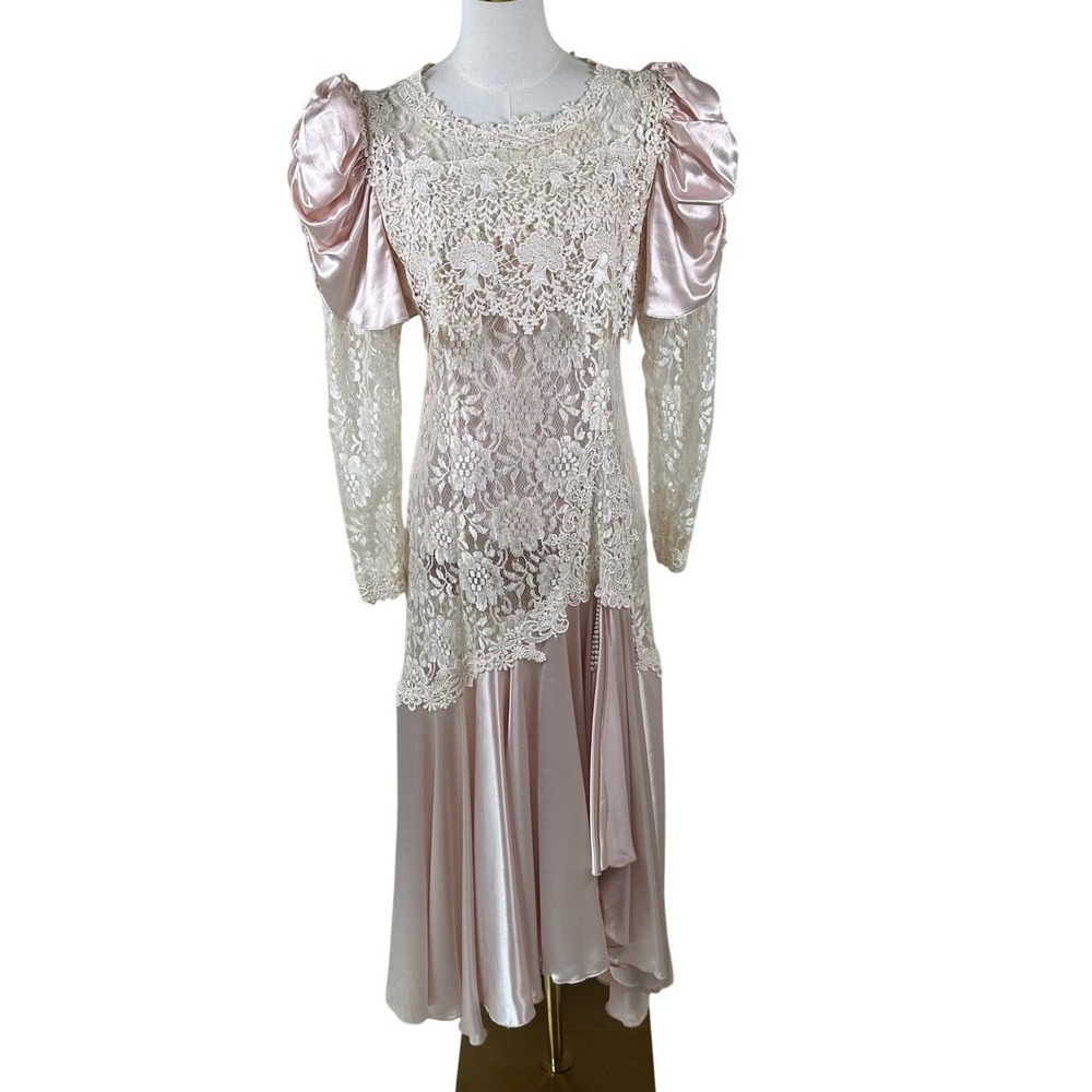 Vintage 80s Cachet Gown Womens M Pink Satin Puff Sleeve White Lace Coquette Prom